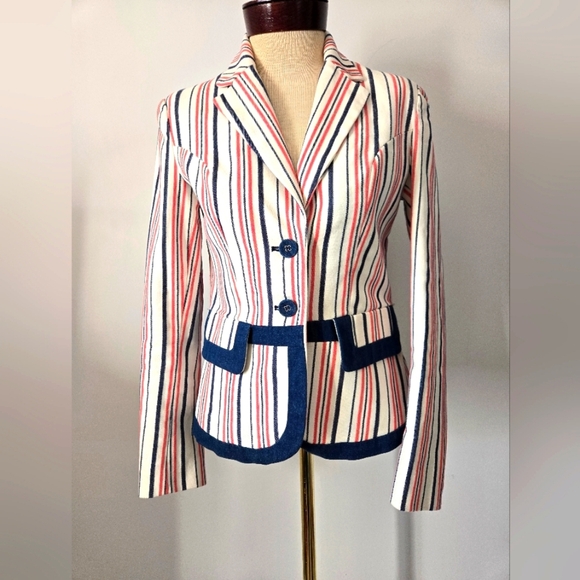KATHERINE BARCLAY Striped Cotton Women's Blazer -White With Pink And Navy.  XS - Picture 1 of 15